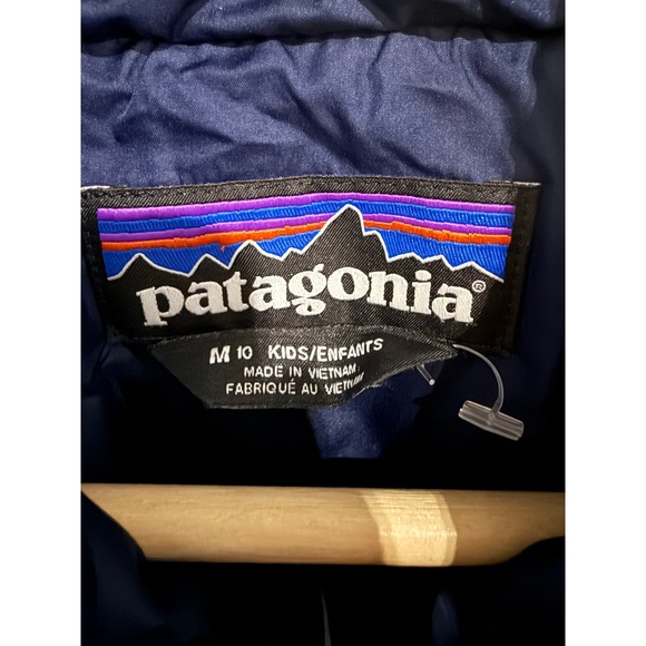 Patagonia Kids Down Puffer Jacket Blue Colorblock Hooded Coat Size M 10 - Picture 3 of 5